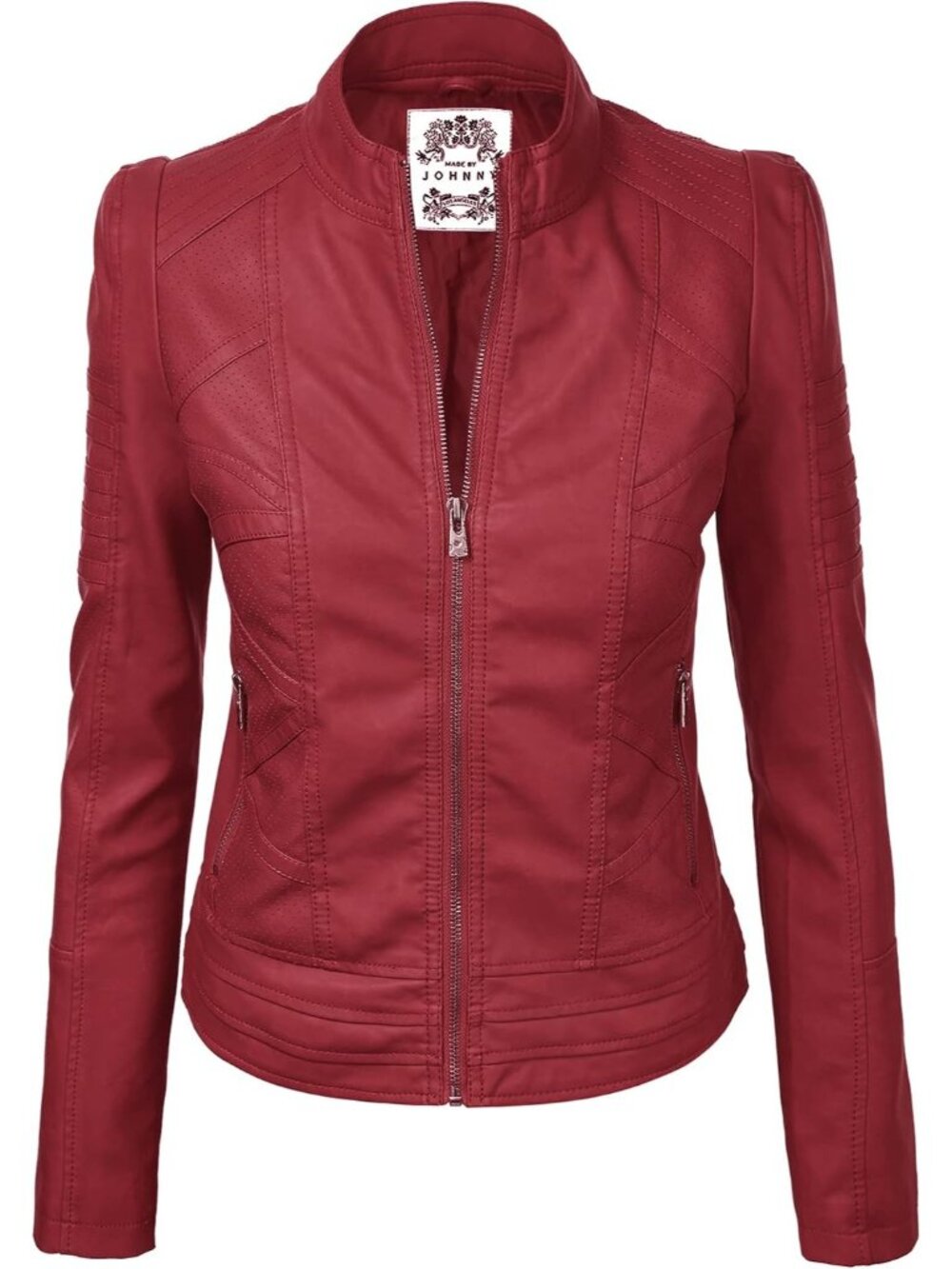 〽️Women's Red Faux Leather Stitching Long Sleeve Zip Up Moto Biker Jackets